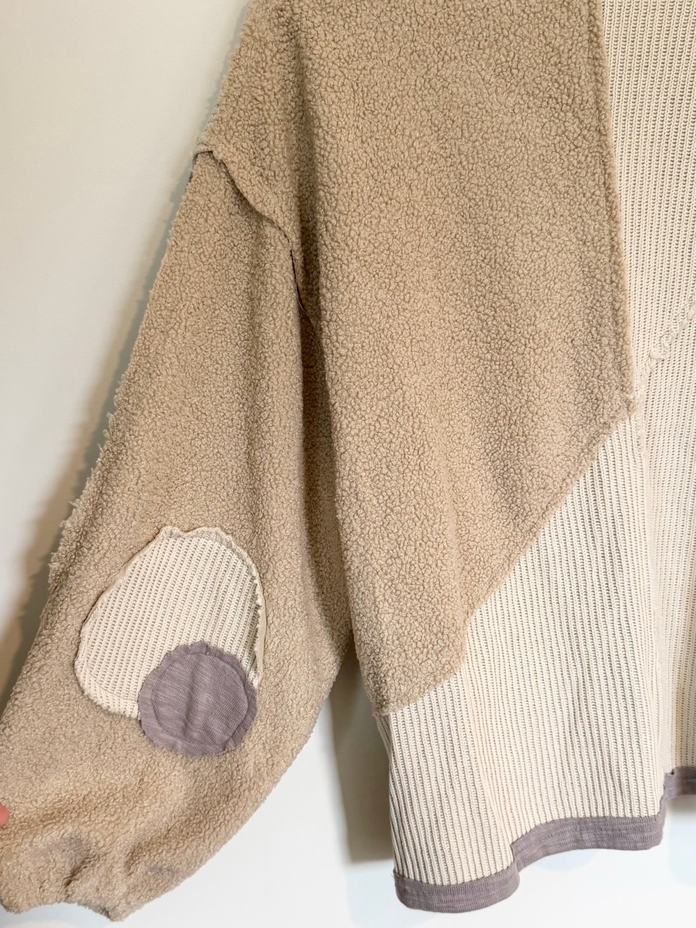 POL Patchwork Quarter Zip Pullover in Taupe and Beige - Size: Small - Picture 5 of 14